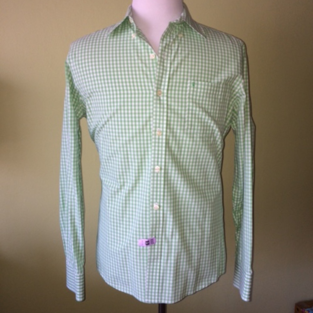 Izod SLIM FIT Green/White Check Shirt, Medium